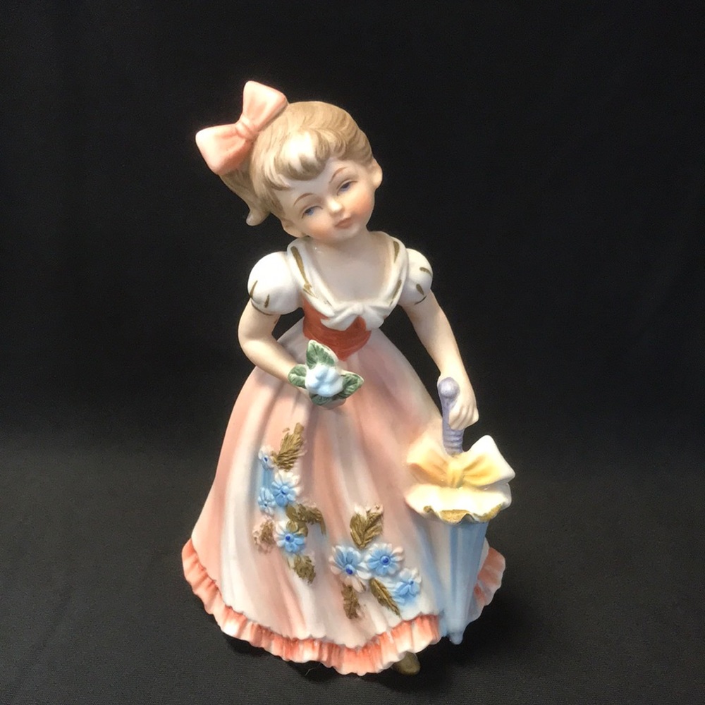 Marika's Original by Lefton Figurine 5489 Girl w/Flower & Umbrella in Pink Dress